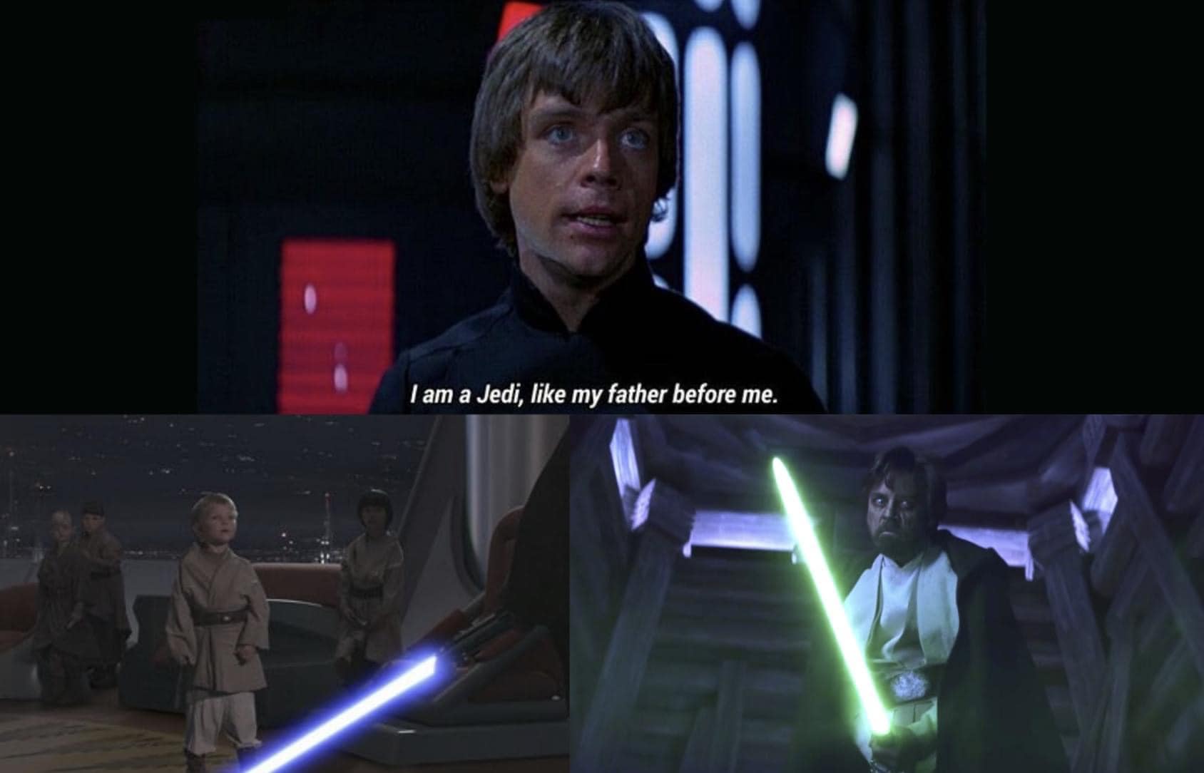 This meme is an image of a child in a Star Wars costume, looking up at Darth Vader with a concerned expression. The text overlay reads: "I am a Jedi, like my father before me." The image is a humorous take on the iconic line from the Star Wars movie, but with a child in a Vader costume, implying that the child is a mini-Vader, rather than a Jedi.